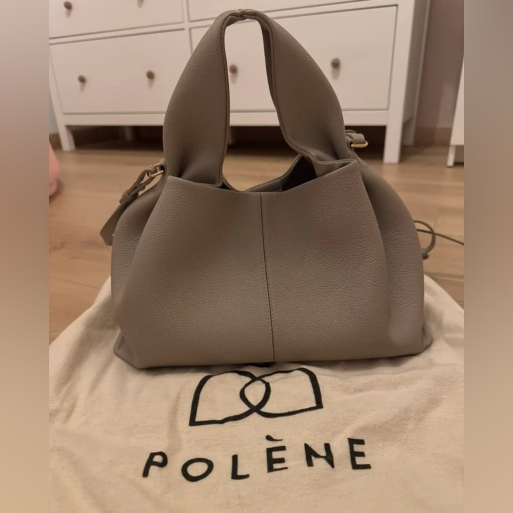 Polene Soft Pebbled Leather Shoulder Bag in Taupe Gray